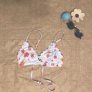 Floral bikini top, yellow, blue, red, and white.